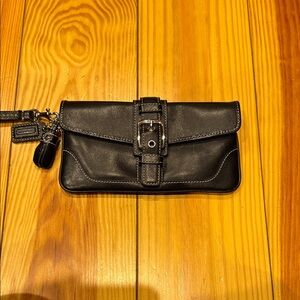 Coach Black Leather Wristlet Clutch with Buckle Detail